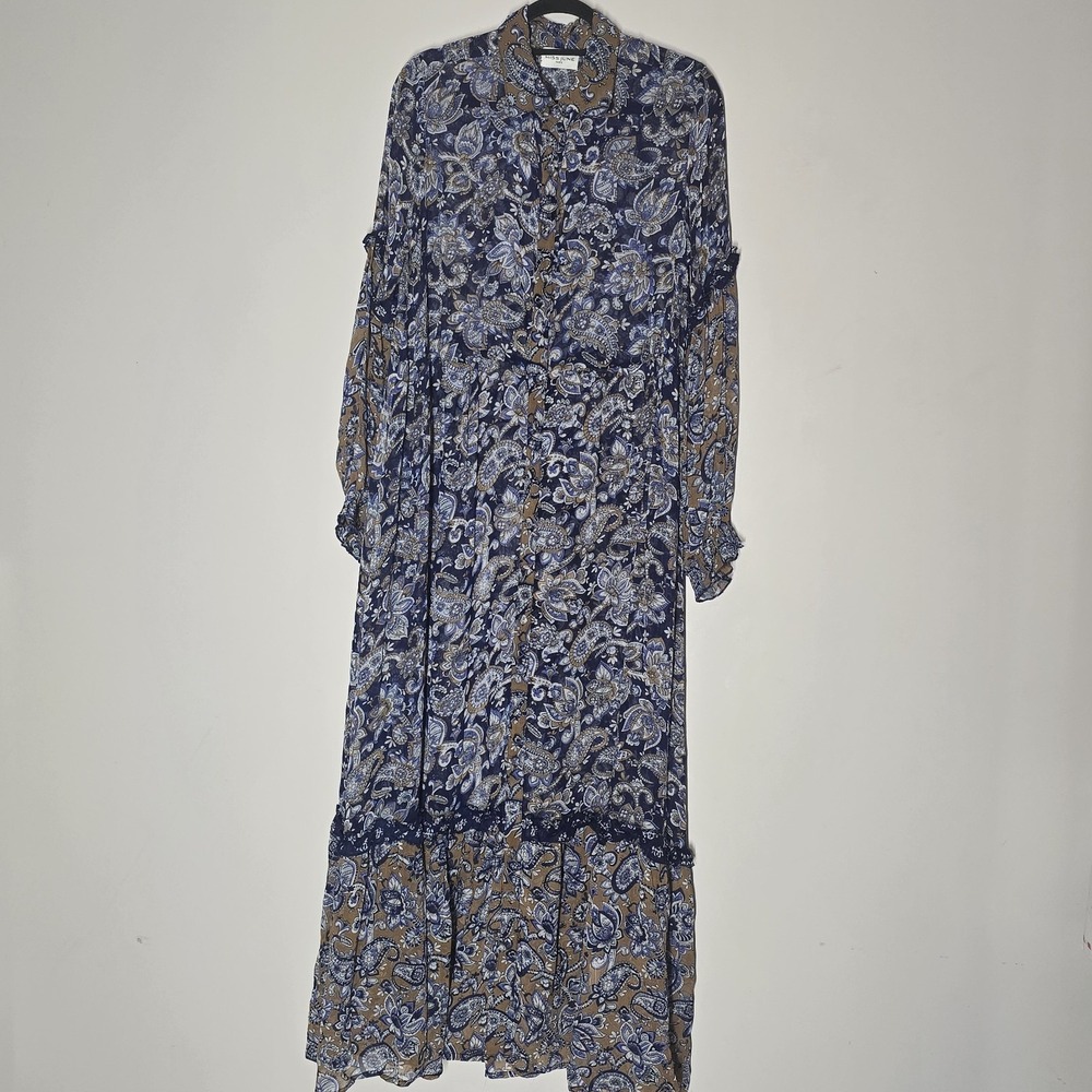 Miss June Paris Paisley Maxi Dress Sheer Boho Tiered Ruffle Blue Brown One Size